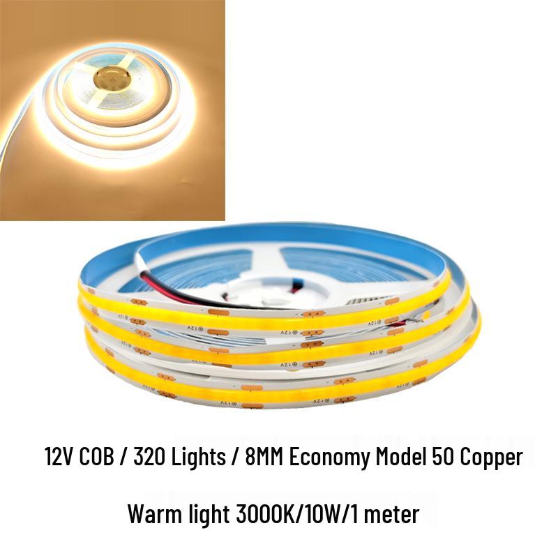 COB LED Strip Light 12V/24V, 320/480 LEDs, 8MM, 90 CRI, Self-Adhesive, Aluminum Channel.