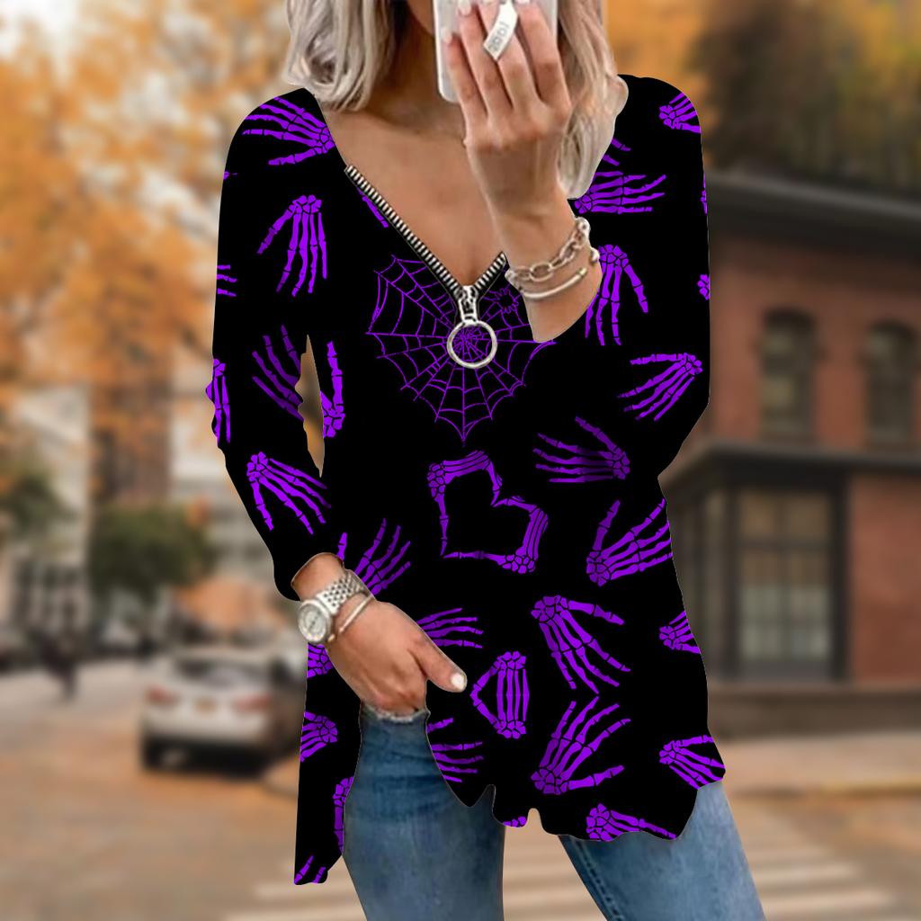 Damer Höst Skelett Handtryckt Långärmad T-shirt Lös V-ringning Plus Size T-shirt Toppar Bekväm Blus