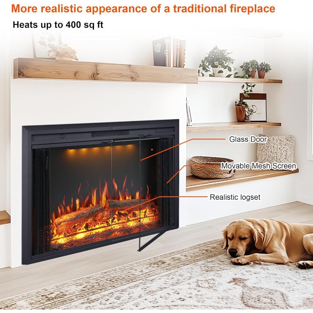 Valuxhome 35.63” W 27.5 H Electric Fireplace Insert with Low/High Temperature Settings, Movable Mesh Screen and Glass Door, 1-9H