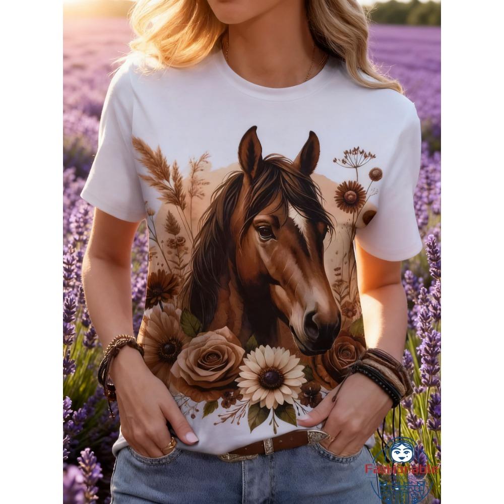 Summer New Horse Animal T-Shirts 3D Print Women's Round Neck Short Sleeve T Shirt Casual Tees Harajuku Tops Female Clothing