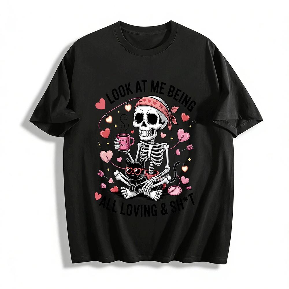 Skeleton Cat Love Graphic Casual Tee TFunny Skeleton Cat Love Graphic Casual T-Shirt Pure cotton T-shirt XXS