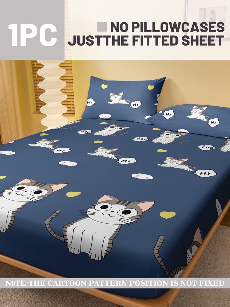 Cartoon 1 Cute Animal Cat Printed Matte Fitted Sheet, Bedroom Printed Bed Cover, Bedding Excluding Pillowcases