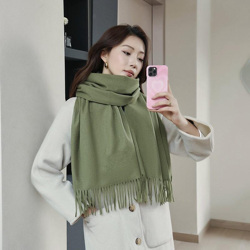 Womens Solid Color Wool Scarf With Fringe Winter Warm Shawl Mens Lightweight Cashmere-Blend Wrap Korean Style