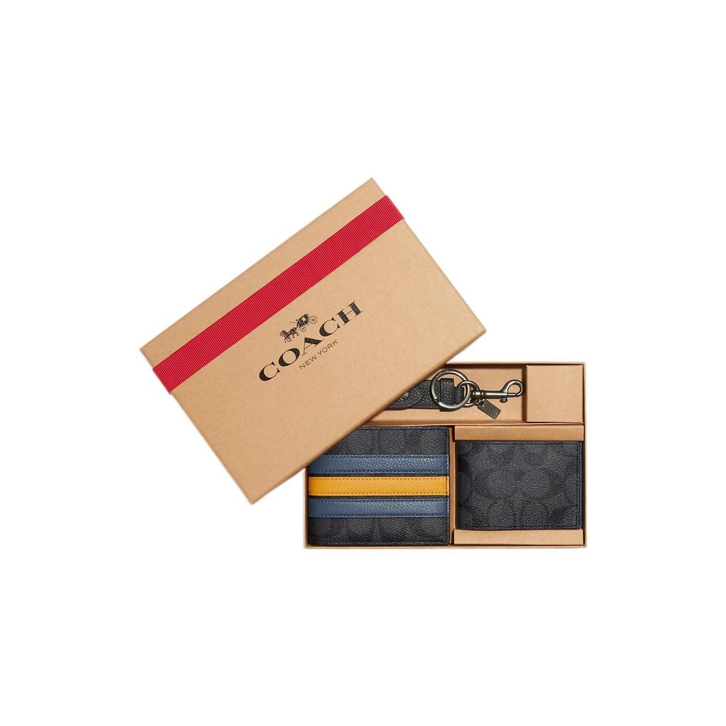 Coach 3 In 1 Wallet Gift Box Classic Monogram Print Canvas And Pebble Leather Card Holder Men Wallets Charcoal Denim CE549-QBTU9