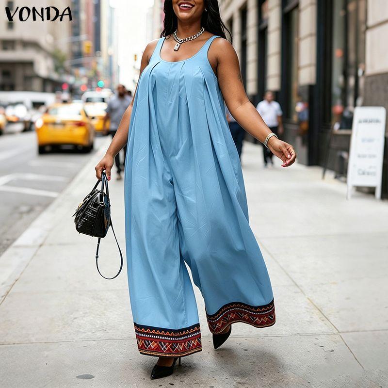 VONDA Women Summer Sleeveless Print Hem Casual Long Holiday Jumpsuits Overalls