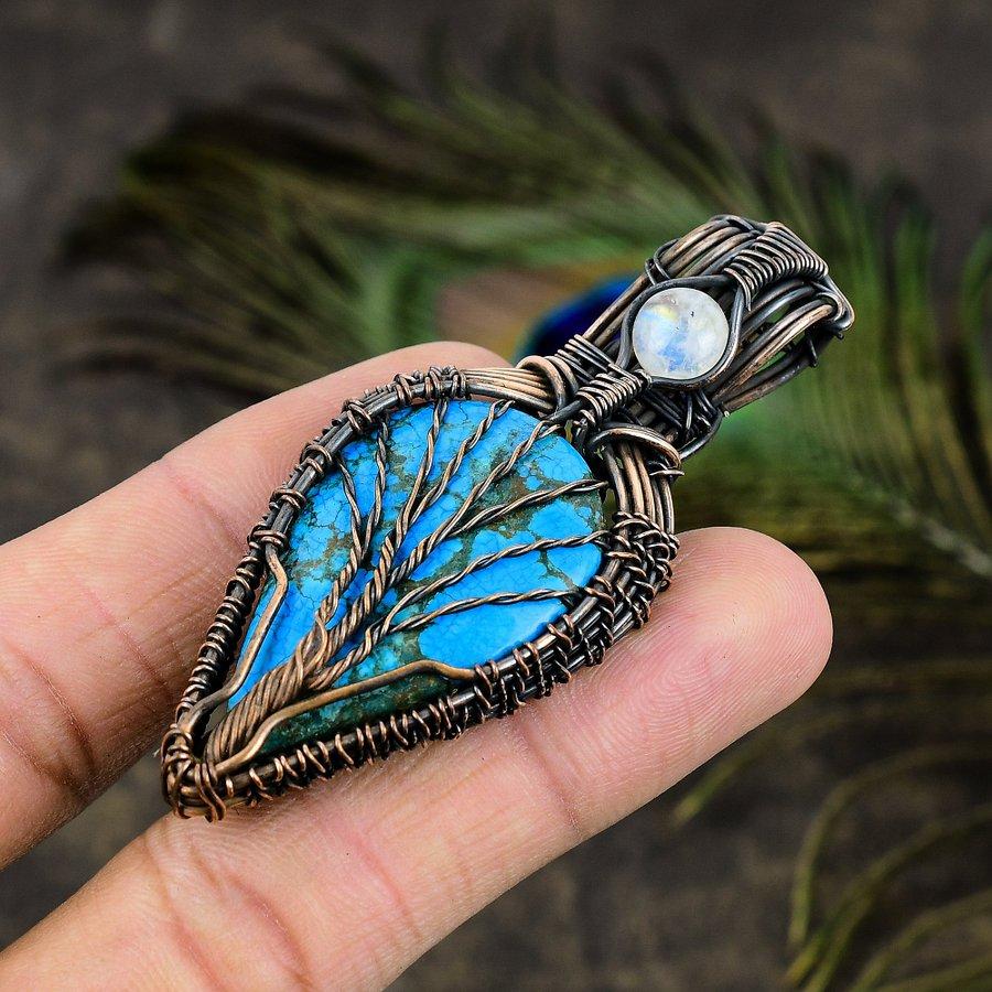 Tibetan Turquoise Handmade Copper Wire Wrap Jewelry Pendant 3.07" j1y92