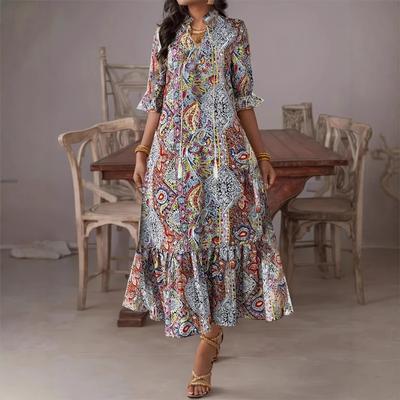 Kadın Rahat Günlük Elbise Kadın Baskılı V Yaka Fırfırlı Elbise