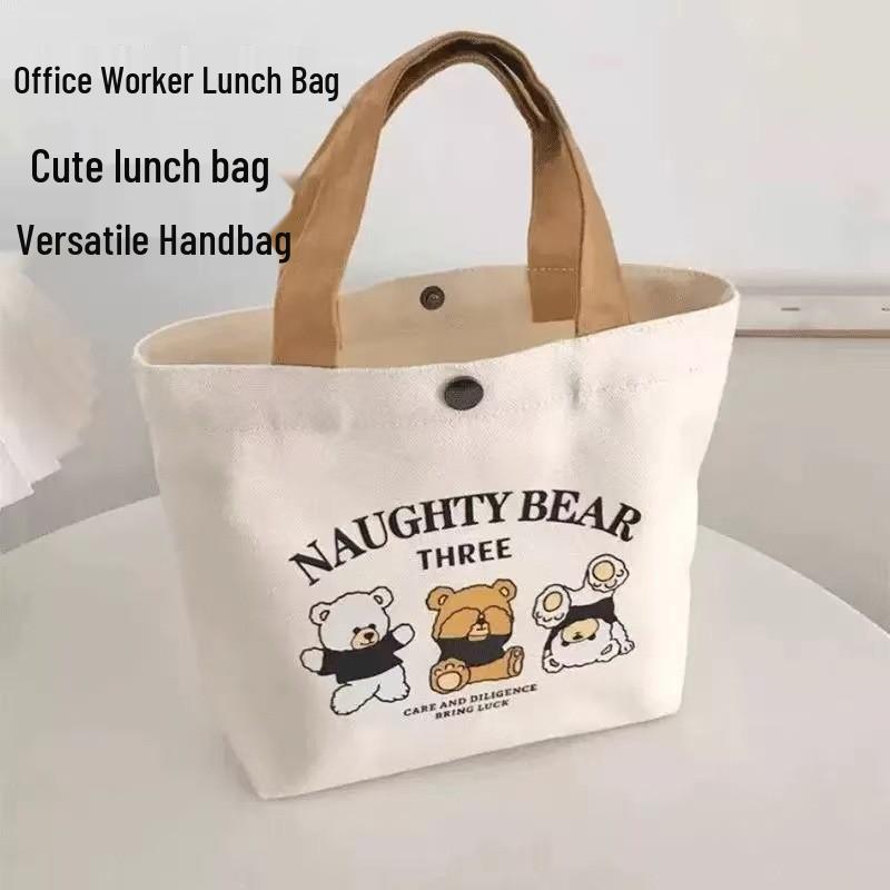 Portable Bear Print Canvas Tote Bag for Office Workers - Small Handheld Lunch and Sundries Bag