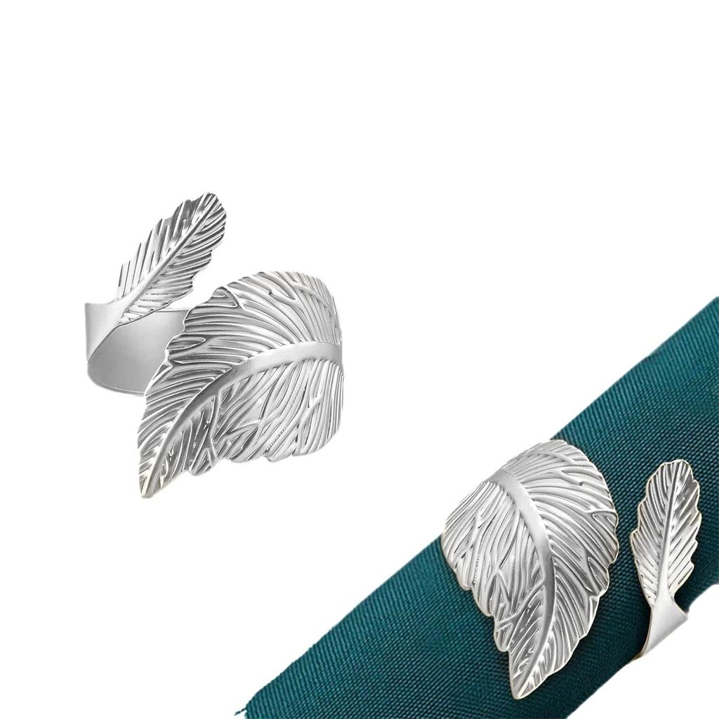 Set Of 6 Gold Leaf Napkin Rings With Open Napkins