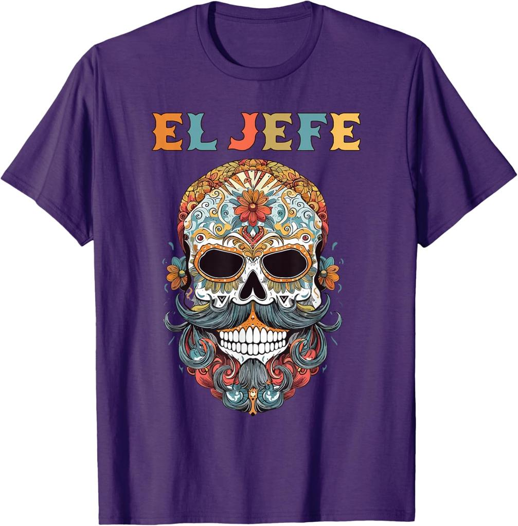 El Jefe Funny Skull Mexican Spanish Dia De Los Muertos T-Shirt Mexican Color Skull Unisex Cotton Tops Tees Harajuku Streetwear