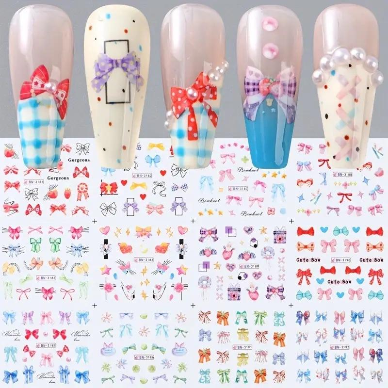 Nail Art Stickers, Cartoon Cute Childlike Colorful Streamer Bow Watermark Nail Stickers