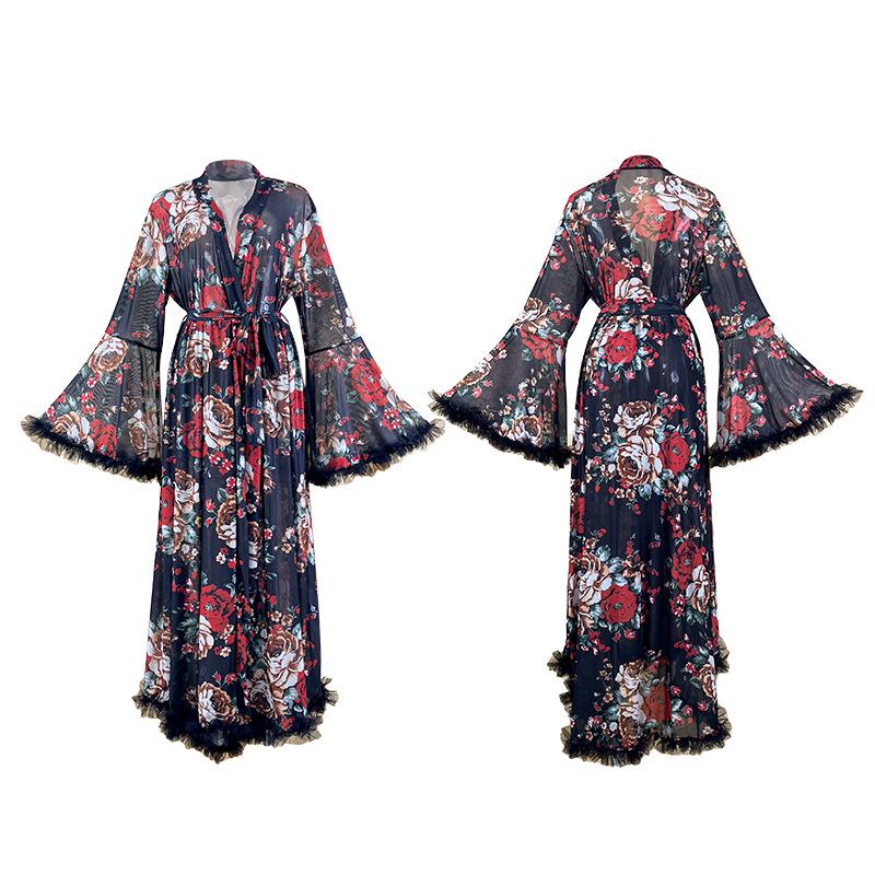 Elegantes Retro-Blumen-Netz-Bademantel mit Federbesatz - Durchsichtiges Loungewear-Design