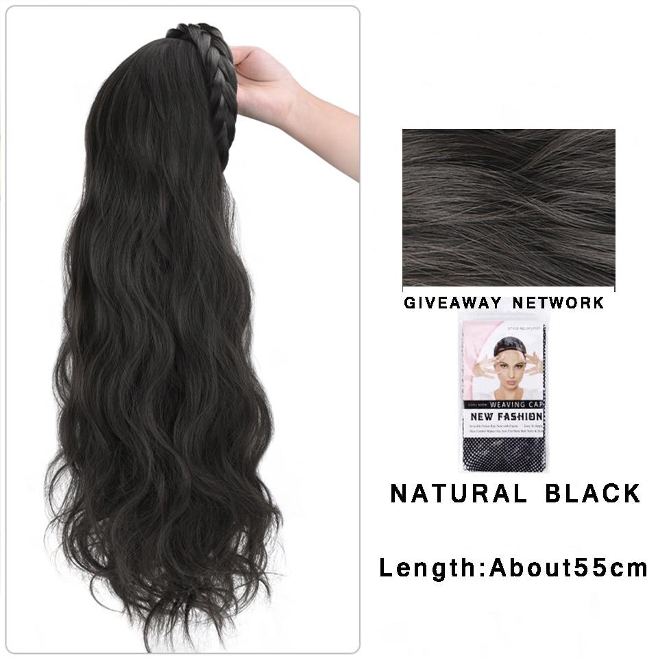 Synthetic Long Wavy Headband Wig Black Brown Women's With Twist Braid Hairband Accessories Natural Half Wig