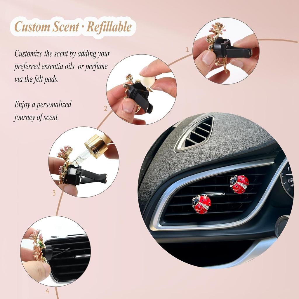 Ladybug Car Decor,2Pcs Bling Lady Bug Air Vent Clips Car Air Freshener,Cute Red Car Accessories Gift For Women,Refillable Rhinestone Aroma Diffuser