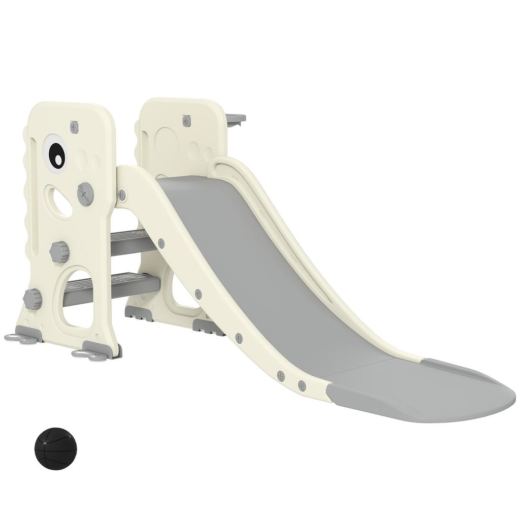 3 in 1 Kids Slide with Climber, Basketball Hoop and Ball, Foldable Indoor Toddler Slide for Ages 2-5, Cream White