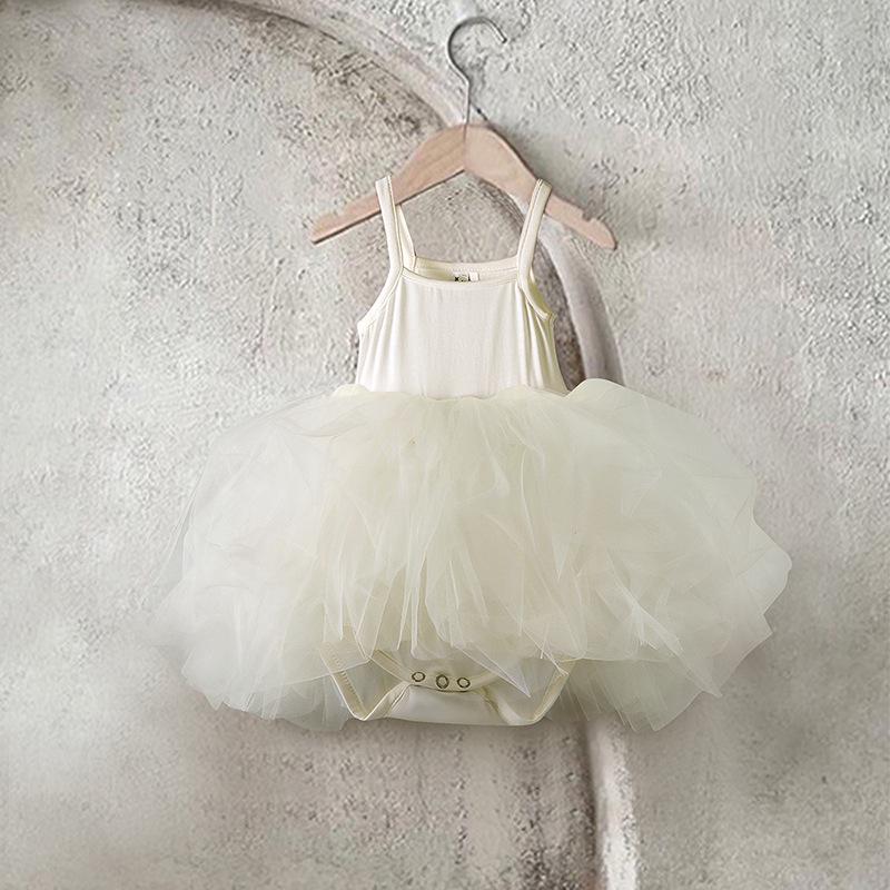 Korean Style Princess Birthday Romper: Solid Color Puffy Skirt with Mesh Straps for Baby Girls and Infants.