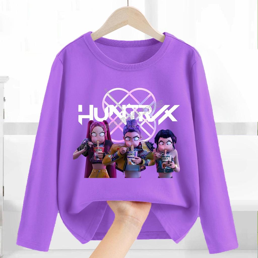 Cotton T-Shirts Girls Long Sleeve Children's Cartoon Printed Clothing Children's Purple Clothes Girls Crew Neck Top