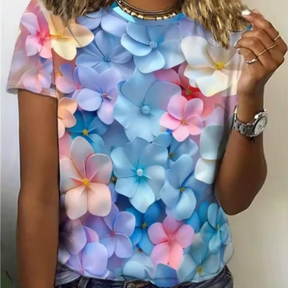Summer Women's 3D Printed Crew Neck T-Shirt Fashion Versatile Breathable Trend Casual