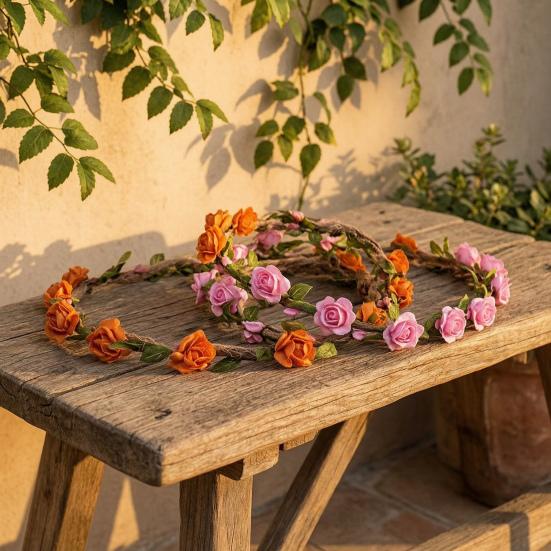 Couronne de Fleurs Roses avec Liane de Cheveux Bandeau Floral Bohème Couronne Florale Hawaïenne Couronne Florale de Fête pour Mariage Photos de Vacances à la Plage