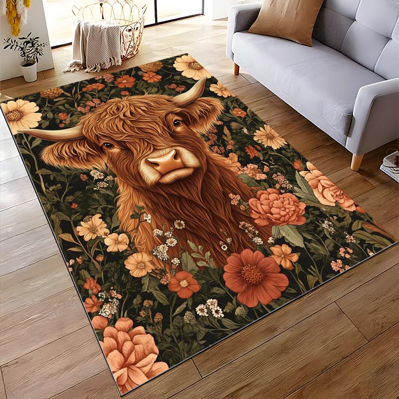 "Highland Cow Floral Pattern Decorative Rug - Non-slip Rug Suitable for Living Room and Bedroom Sofas"