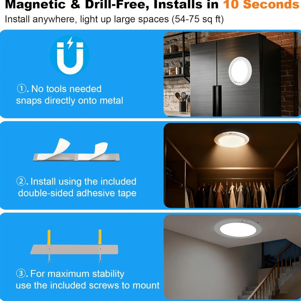 LED Motion Sensor Ceiling Light Rechargeable Smart Night Lamp Wireless Dimmable Round Flush Mount Fixture for Home