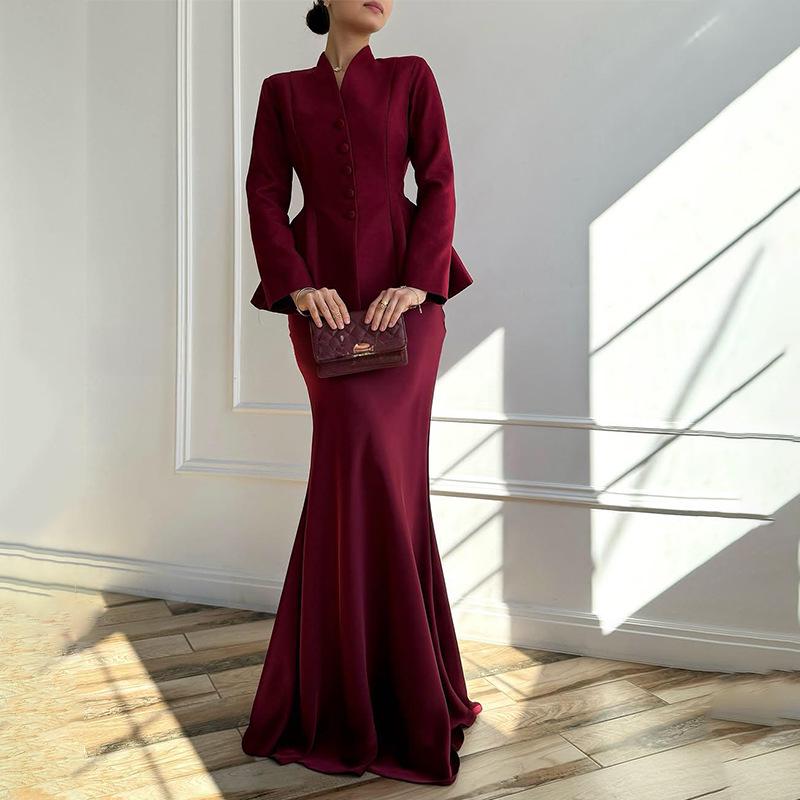 2025 Women’s Solid Color Long Sleeve Top & Bodycon Skirt Set