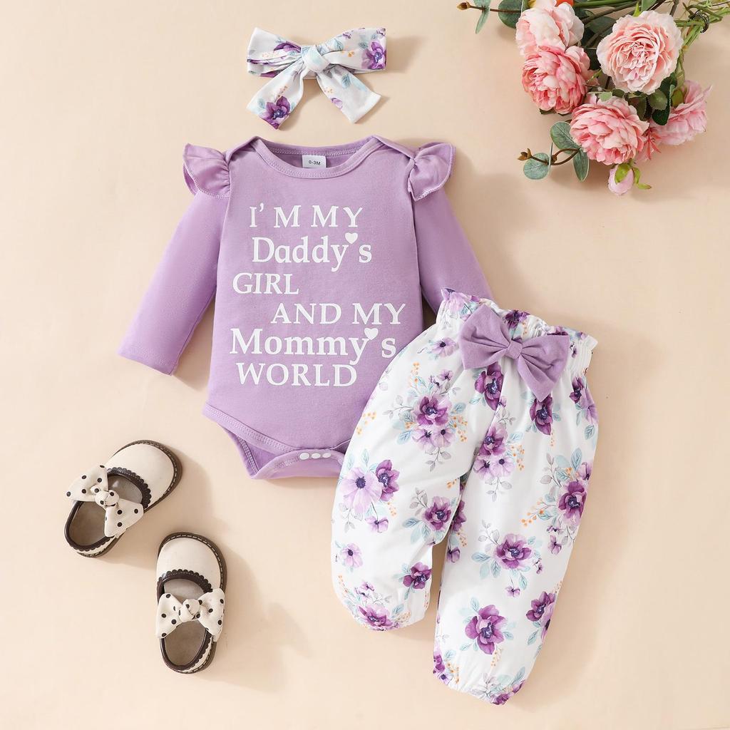 Baby Girl Autumn Romper Set: Long-Sleeved Letter Romper, Bow Flower Pants, Headband - Three-Piece Outfit 2024