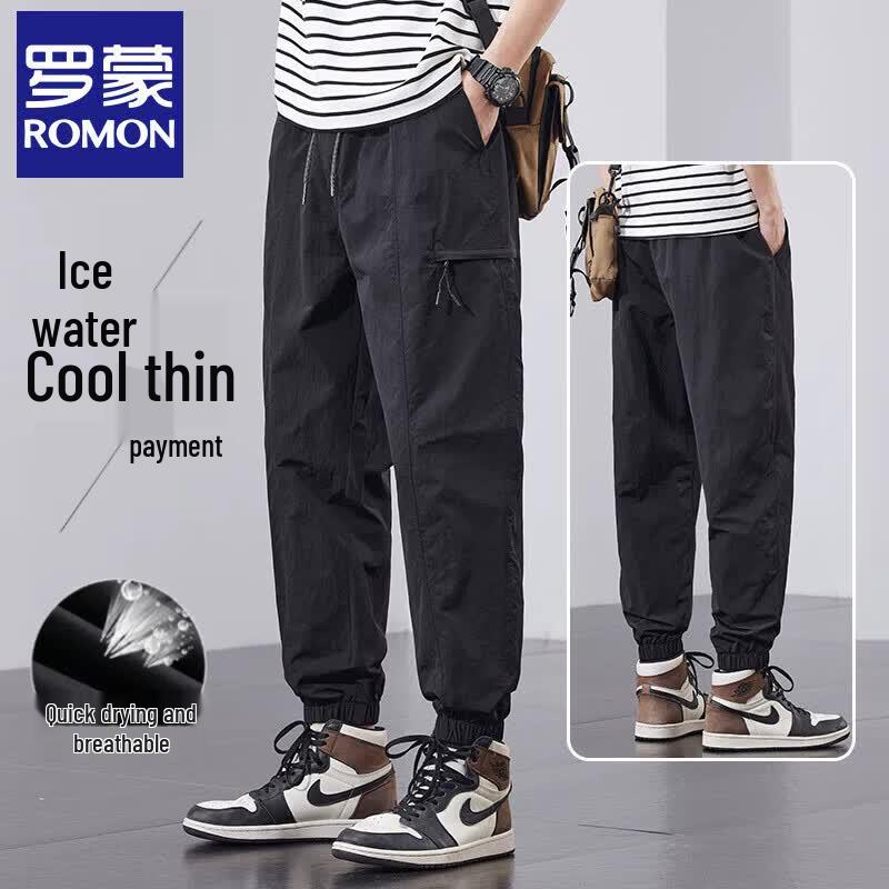 Romon Men s Ice Silk Quick-Dry Loose Casual Sports Pants XL чёрный