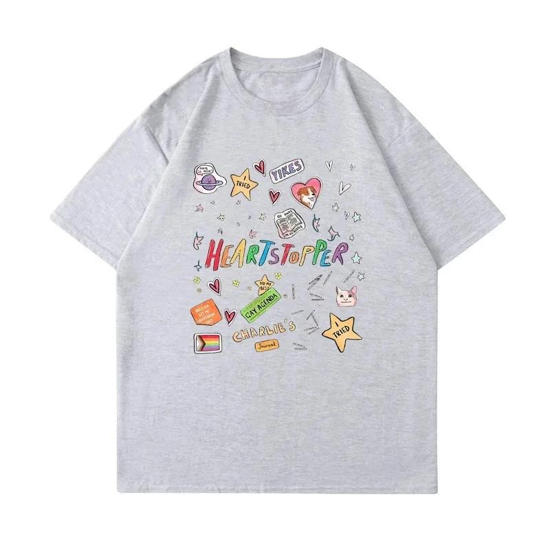 T-shirt Bianca Trendy Heartstopper con Fantasie Colorate e Testo Manica Corta T-shirt Uomo Donna Casual Vintage