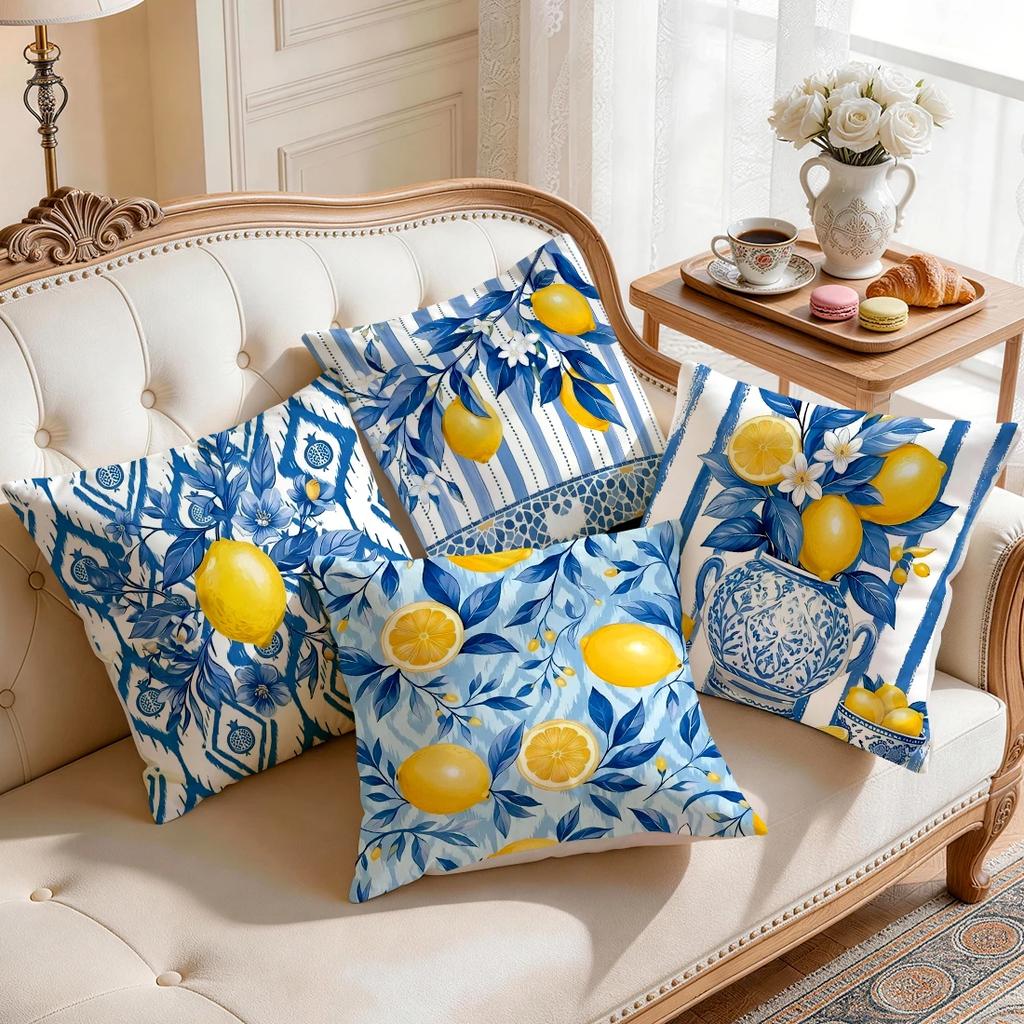 1pcs/4pcs Blue Summer Lemon Cushions Pillowcase Polyester Cushion Cover Throw Pillow Pillowcover Home Car Sofa Decor