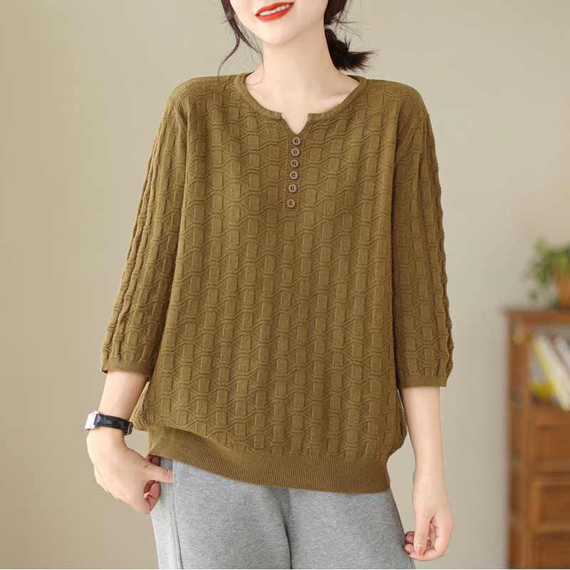 Autumn Winter Solid Color Loose Casual Knitting Top Women 3/4 Sleeve All-match Bottomed Pullovers Sweater