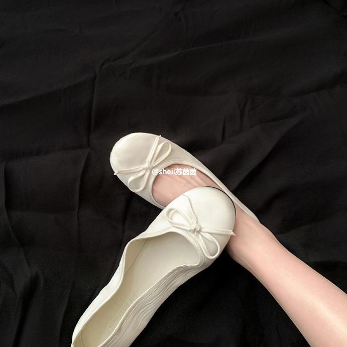Paris Silk Bow Ballet Shoes Women's Round Head Light Mouth Flat Bottom One Pedal Soft Sole Silver Mary Jane Single Shoes