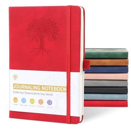 JUNART A5 Ruled Journal Notebook Women Men 192 Pages Leather Hardcover Personal Writing Study Office Travel Records Gifts (red)
