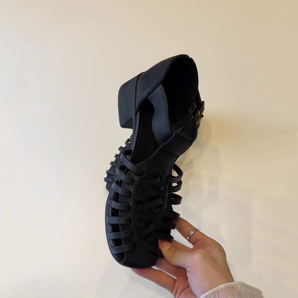 Sheepskin Version~ Retro Niche Design Strap Woven Shoes Soft Sole Hollow Bag Head Medium Heel Roman Women's Sandals
