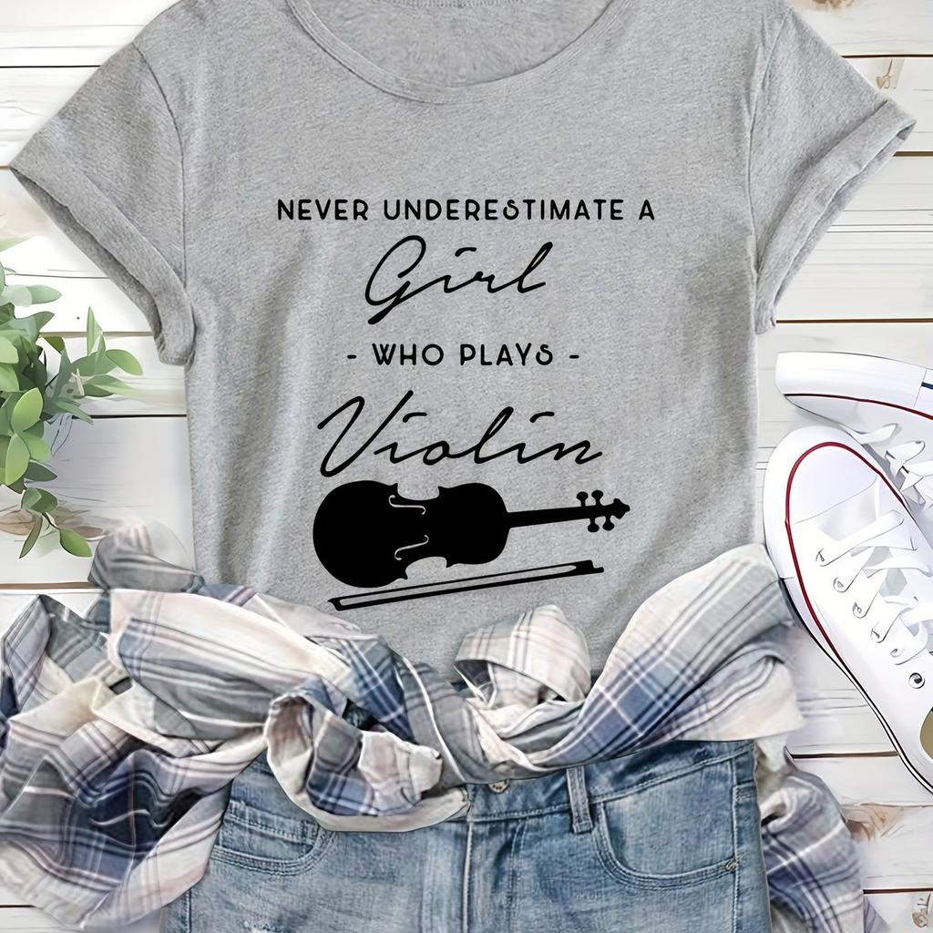 Violin Print T-Shirt - Classic Round Neck Ultra-Soft Short Sleeves Sports-Inspired Tee for Women Perfect for Casual Occasions
