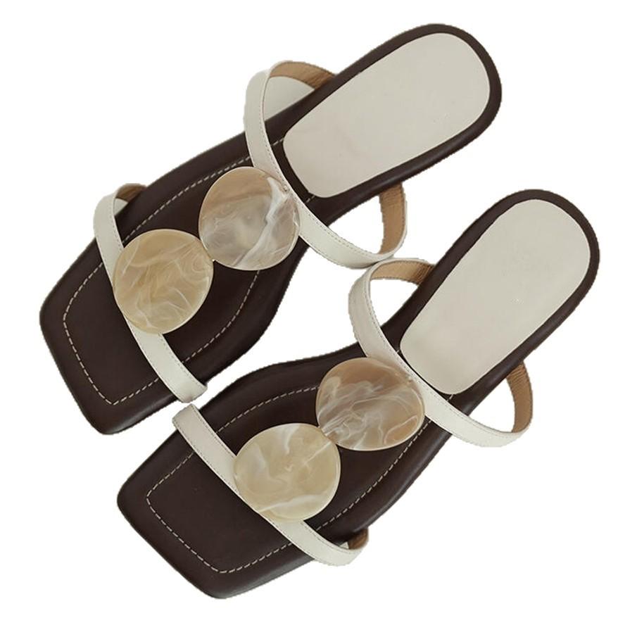 Soft Leather Version~ French New Niche Design Square Head Wear Leather Cool Slippers Women's Low Heel Temperament Open-toed Sandals