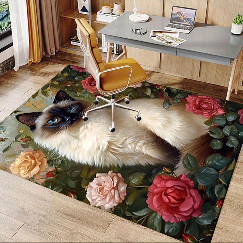 Siamese Cat and Roses Chair Mat: Office Carpet, Oversized Rug for Home Decor, Sofa Mat, Desk Pad Gift Suitable for Bedroom, Living Room, Any Room