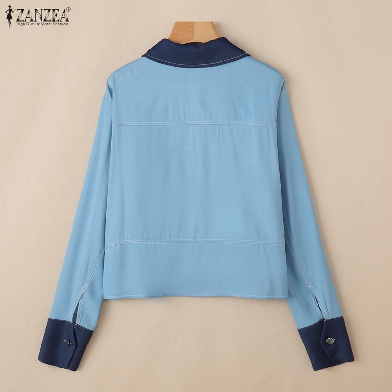 ZANZEA Damska bluzka casualowa z długim rękawem, patchworkowa, z kołnierzykiem