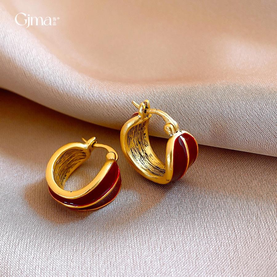 Hong Kong style retro simple red oil drop round earrings ear buckle versatile personalized earrings women