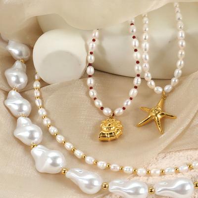 Ocean Wind Sea Star Pearl Necklace Women, Simple Conch Metal Wind Jewelry Neck Lace