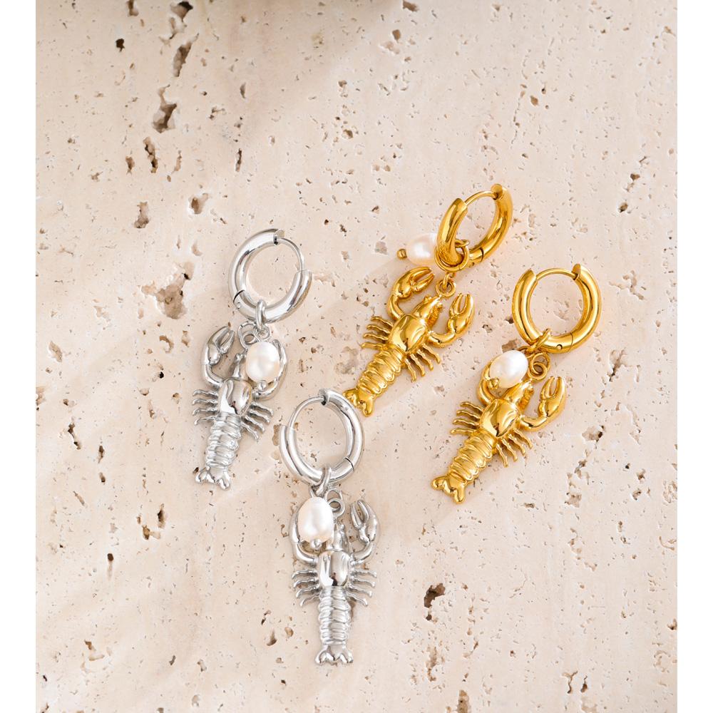 Yhpup Ocean Series Stainless Steel Crayfish Drop Hoop Earrings High Quality Natural Pearls Beach Daily Wear Jewelry for Women