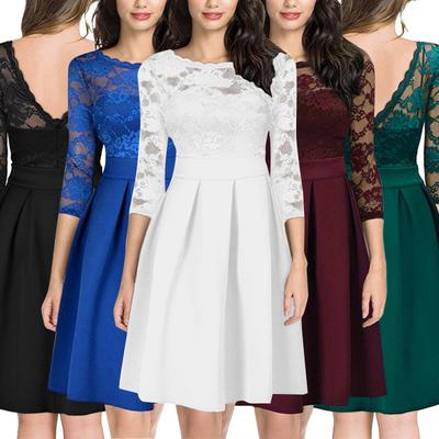 New Summer Women Sheer Lace Panel Dress O-neck 3/4 Sleeve Zipper Ruffle Hem Elegant Solid Evening