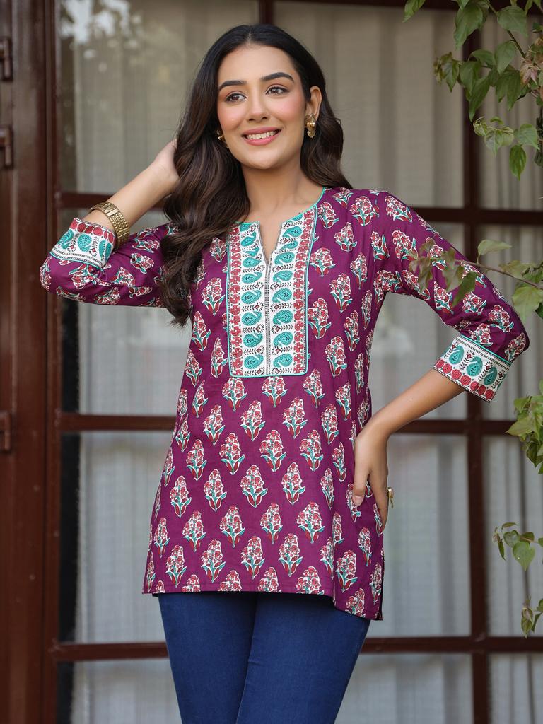 Wine Floral Printed Sequinned Pure Cotton Top