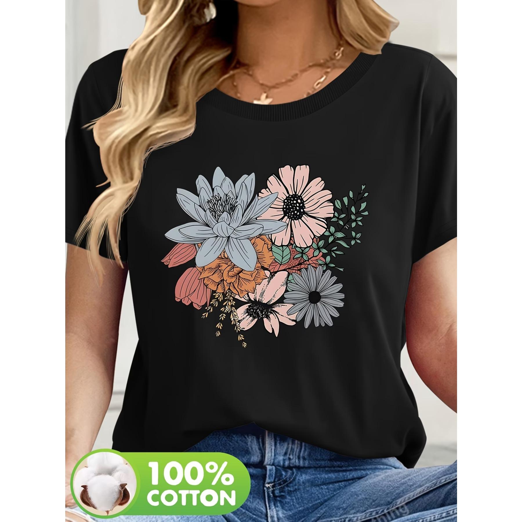 

Женская повседневная футболка с коротким рукавом, круглым вырезом и цветочным принтом, летняя одежда, размер США S чёрный