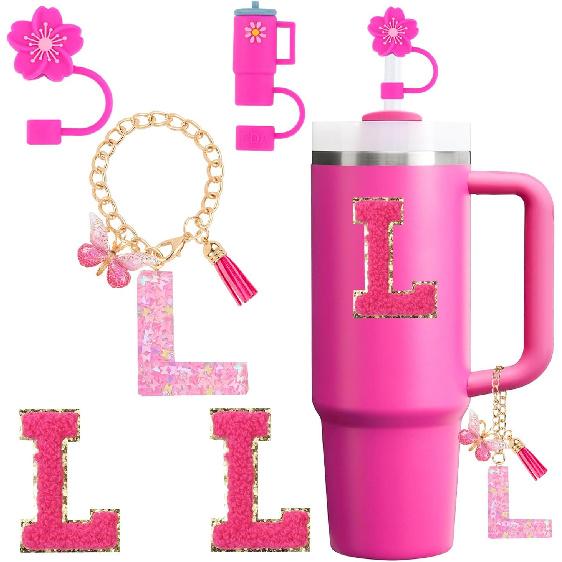 Cup Accessories Set for Stanley Cup 30oz 40oz tumbler with handle, Including Silicone Straw Topper Cover Cap, Handle Charm, Initials Sticker Fuchsia
