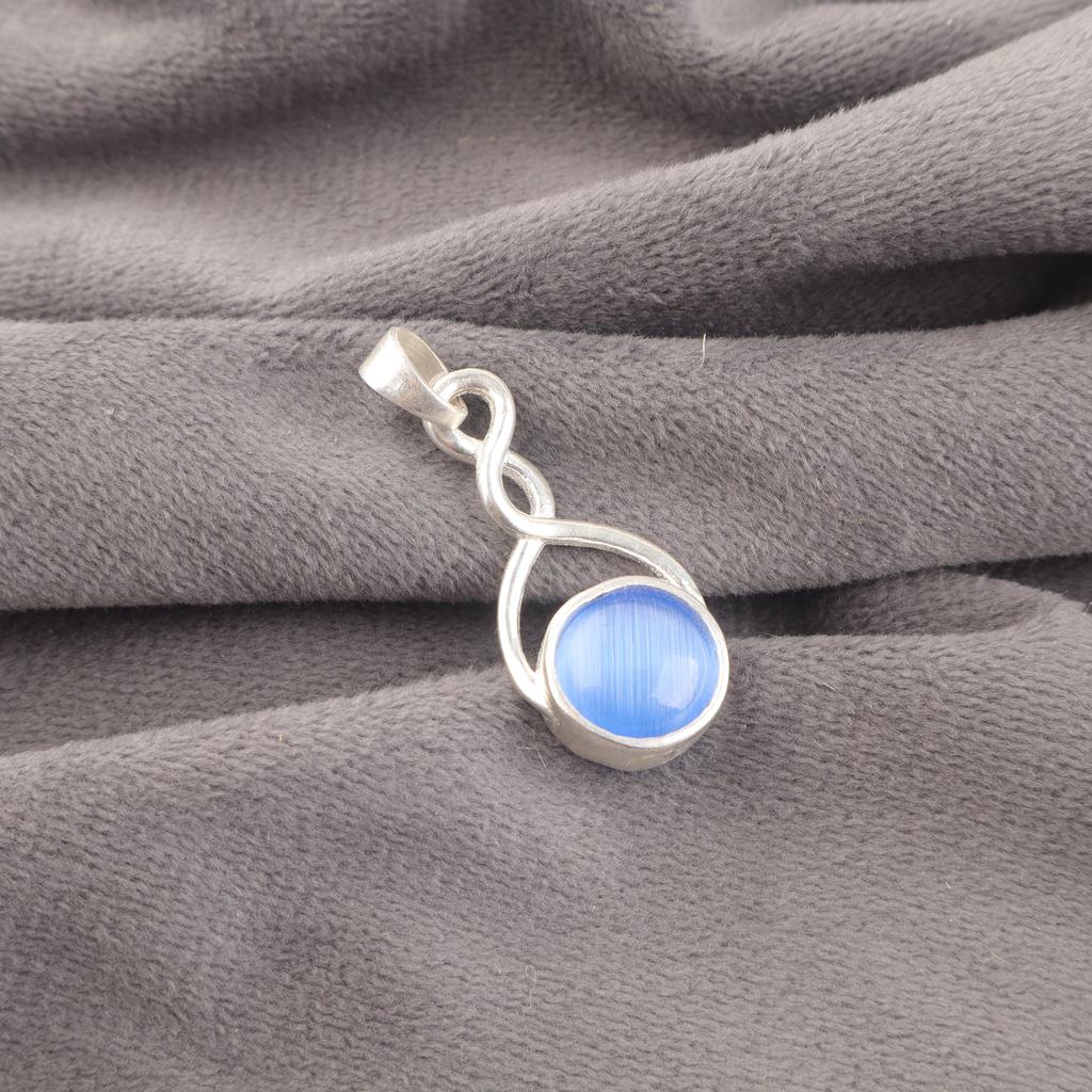 Dark Blue Cat's Eye Gemstone Pendant, 925 Solid Sterling Silver Jewelry, Handmade Designer Pendant Gift For Sister