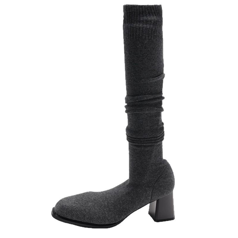 Fashion Versatile Retro Square Head Thick Heel Heightened Boots 2025 Autumn and Winter New Simple Pearl Fashion Boots and Socks Boots