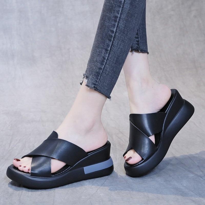 Open-toed Fairy Wearing Women's Shoes Large Size Slope Heel Cool Slippers Summer New Muffin Slippers Woman