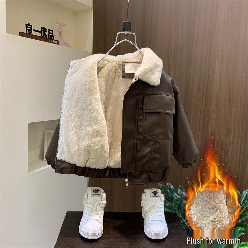 Chlapecká kožená bunda s fleecovou podšívkou, trendy a cool podzimní kabát pro malé děti (2025)