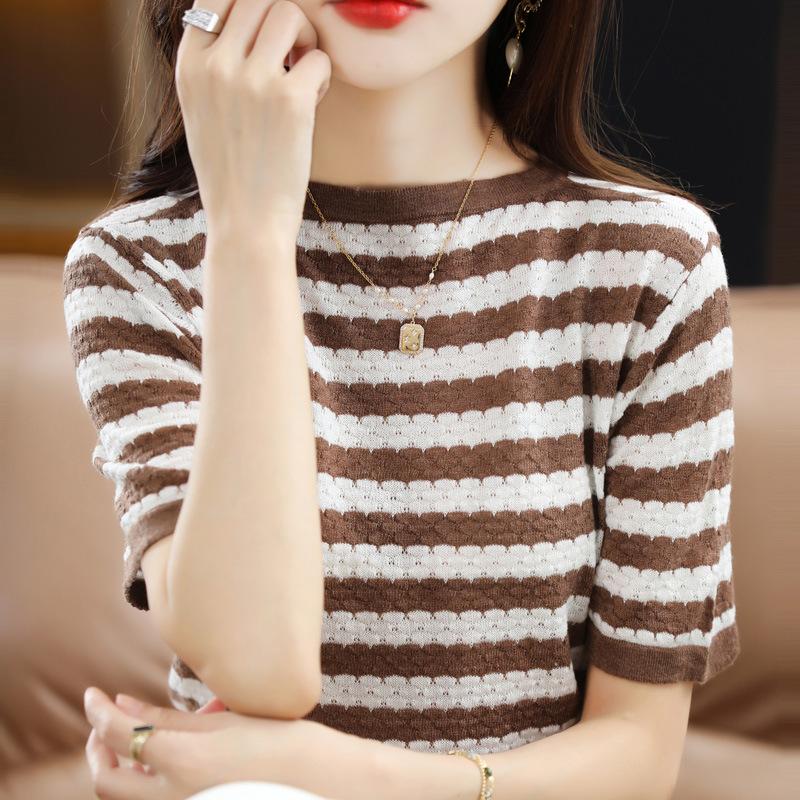 Thin Contrasting Striped Short-sleeved Summer New Round Neck Loose Pullover Versatile Hollow Fashionable Top